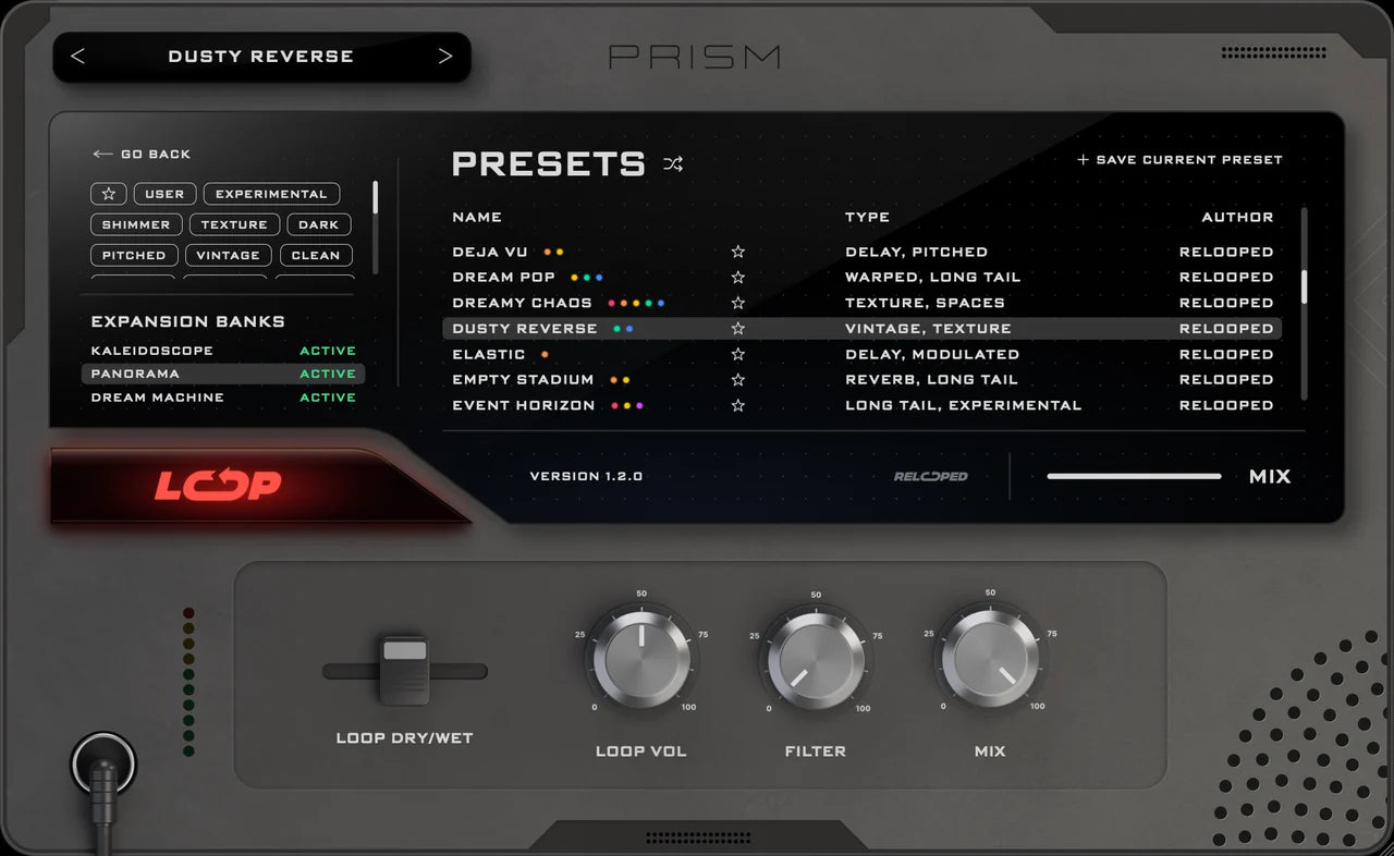 PRISM, PRESETS page: all three expansion banks are active, Panorama is selected and its presets are listed.