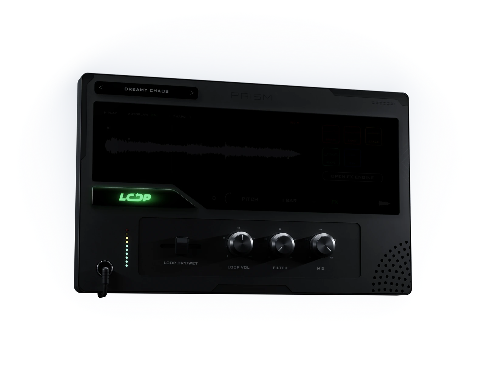 PRISM, still in the dark: only its edges, three knobs and a green LOOP key catch the light.