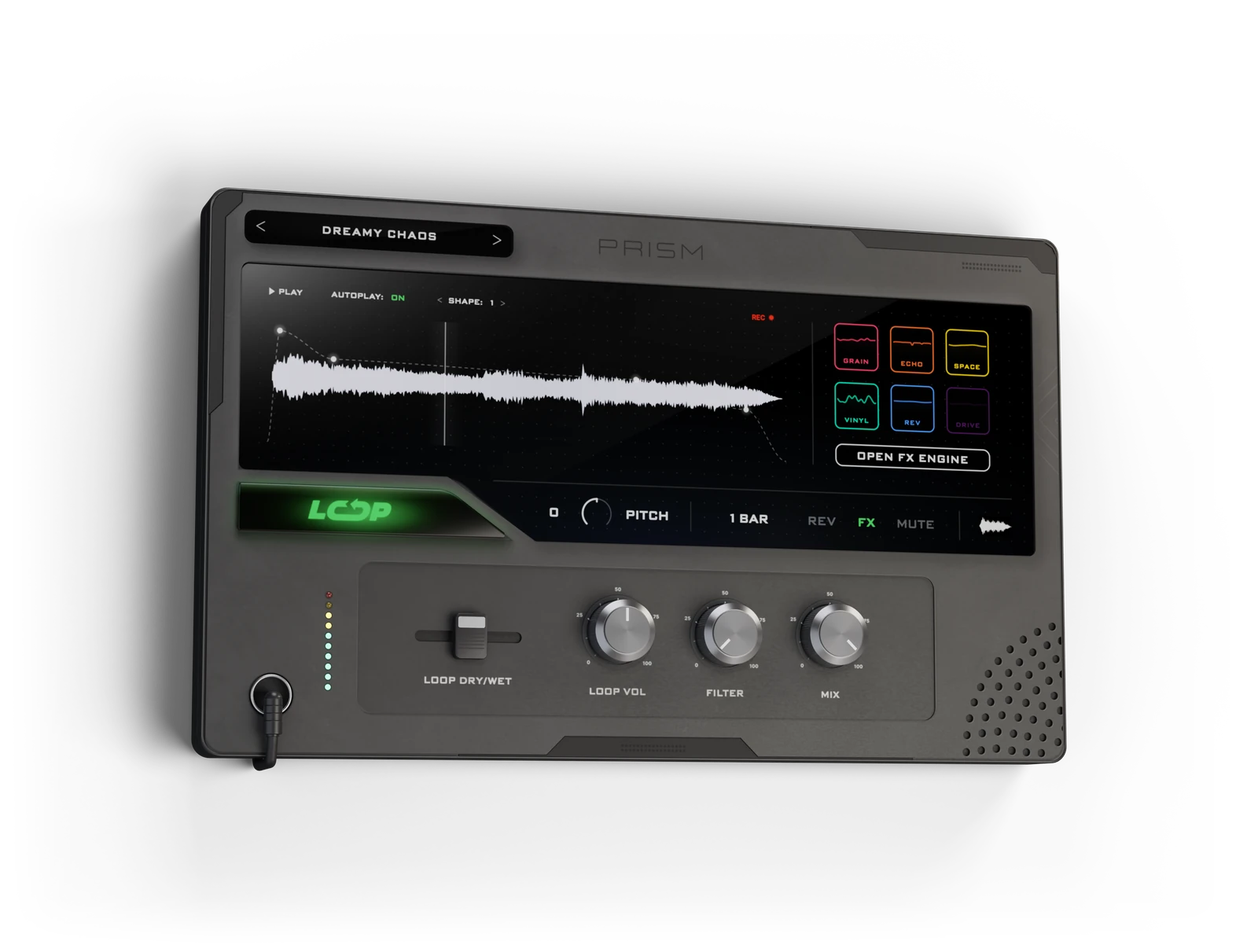PRISM by Relooped: a preset bar, the caught loop on screen, six effect buttons, the LOOP key and the knobs LOOP DRY/WET, LOOP VOL, FILTER and MIX.