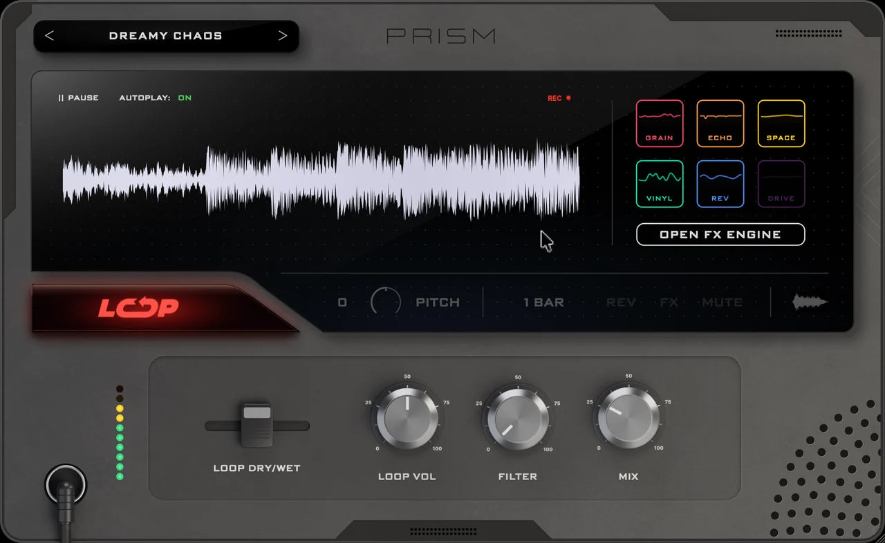 PRISM in use: a loop is caught and shaped, the effects are switched on and reordered, an LFO is linked and presets are loaded.