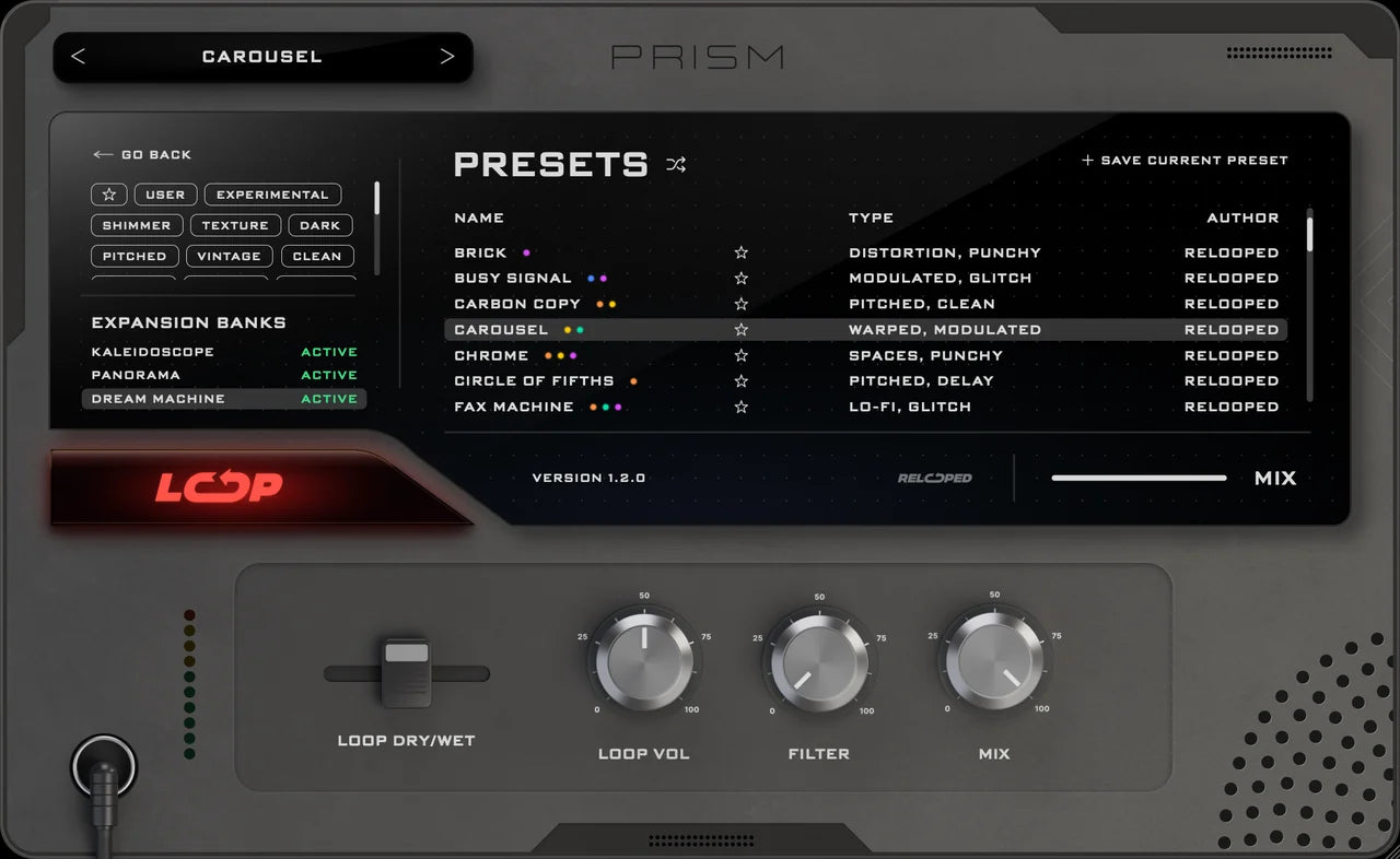 PRISM, PRESETS page: all three expansion banks are active, Dream Machine is selected and its presets are listed.