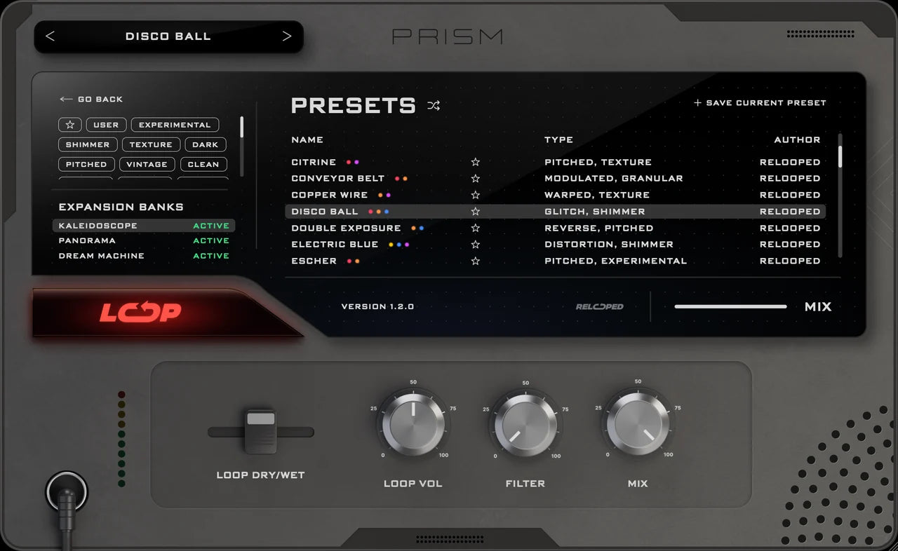 PRISM, PRESETS page: all three expansion banks are active, Kaleidoscope is selected and its presets are listed.