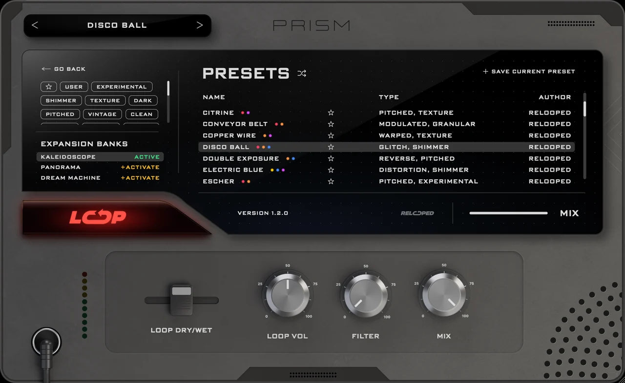 PRISM, PRESETS page: Kaleidoscope is active and selected, its presets are listed. The other two banks show + ACTIVATE.