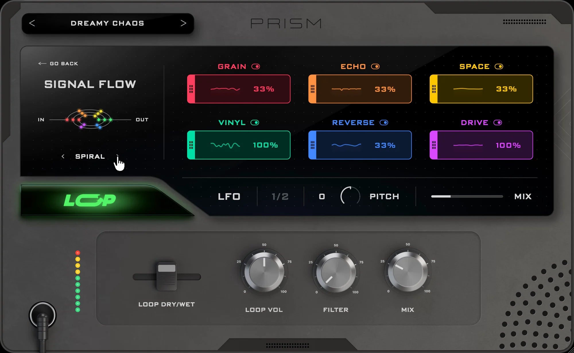 PRISM FX page: the signal flow switches between CHAIN, PARALLEL and SPIRAL.