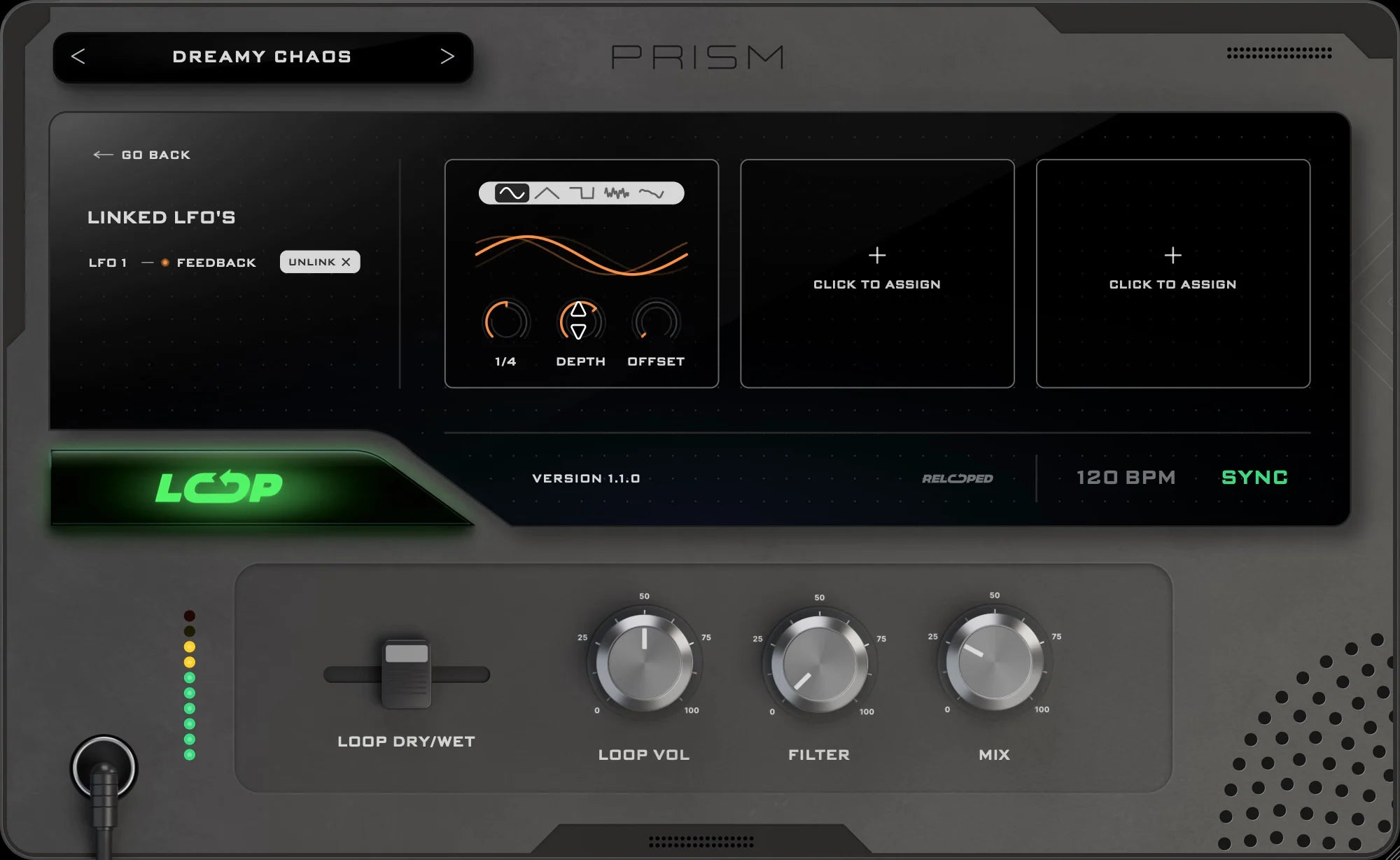 PRISM LFO page: LFO 1 is linked to ECHO FEEDBACK and moves it on its own.
