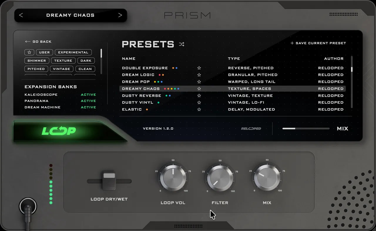 The PRISM preset browser: typing GRAIN in the search finds 63 presets, the list scrolls through them, the search clears and DREAMY CHAOS is selected again.