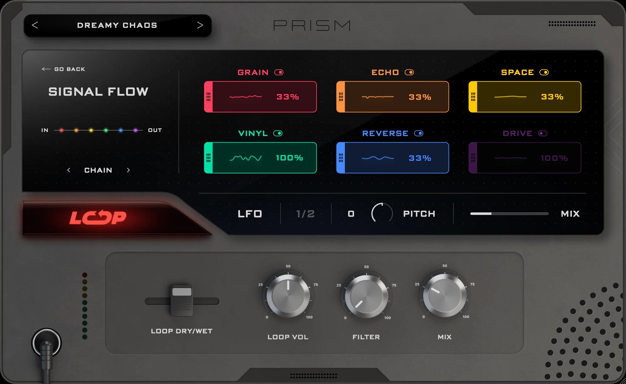 The PRISM FX page: the 1/2 button and the PITCH knob in the bottom bar.